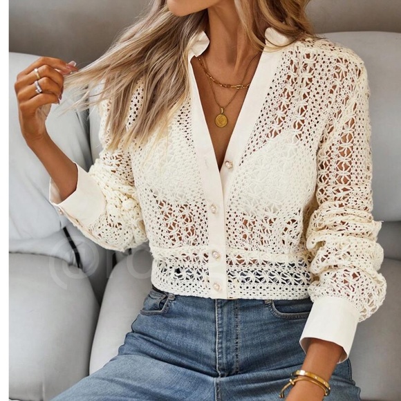 Hollow Out Knit Crochet Guipure Crop Shirt Long Sleeve Button Up Front - Picture 1 of 12